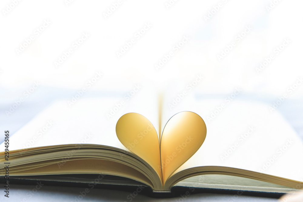 Close up heart shape book opened with nature lighting Close up heart shape book opened with nature lighting