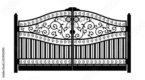 Forged gate. Architecture detail. Black forged iron gate with decorative lattice isolated on white background. Vector EPS 10