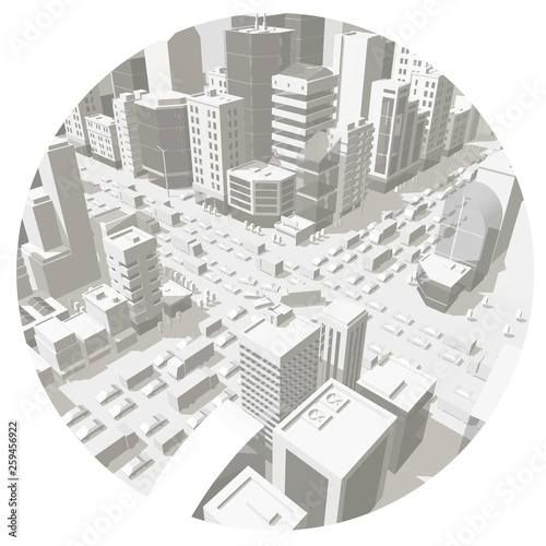 City buildings in the circle. Background street In light gray tones. 3d road Intersection. City projection view. Vector horizontal rectangular banner format. Cars end buildings top view.