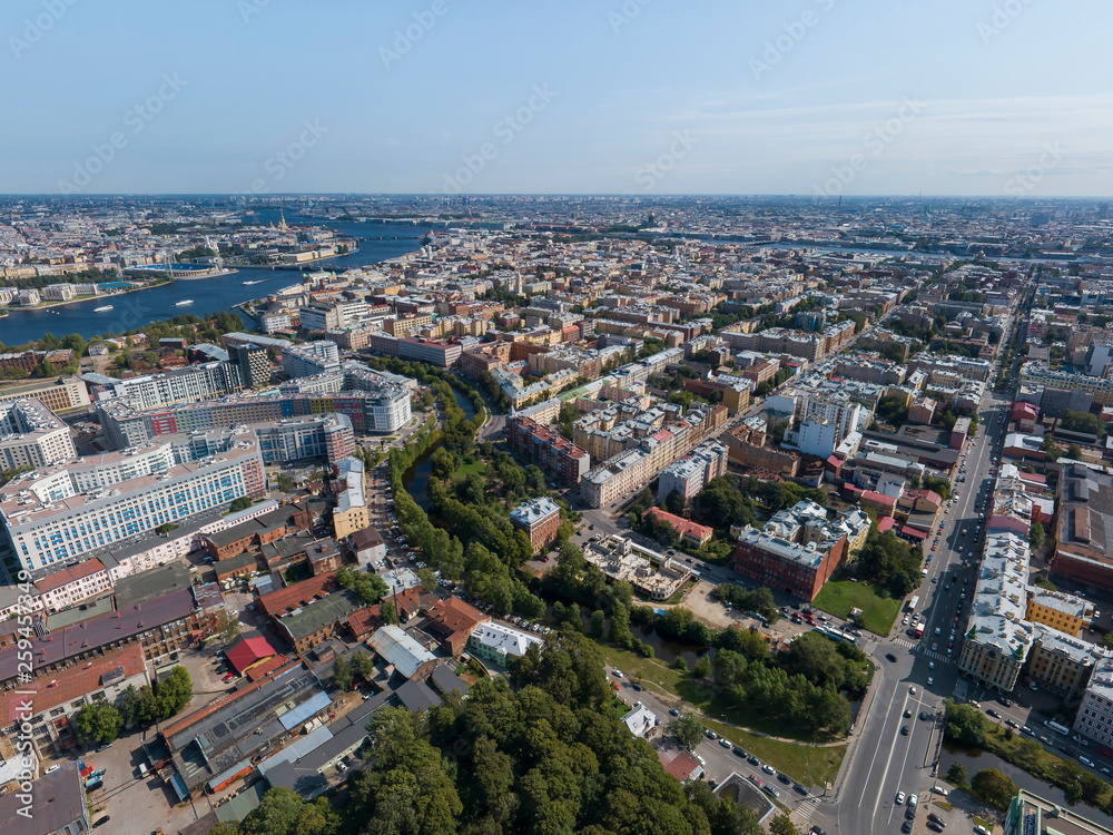 Panoramic view of Saint Petersburg, drone photo, summer day. Vasilyevsky Island