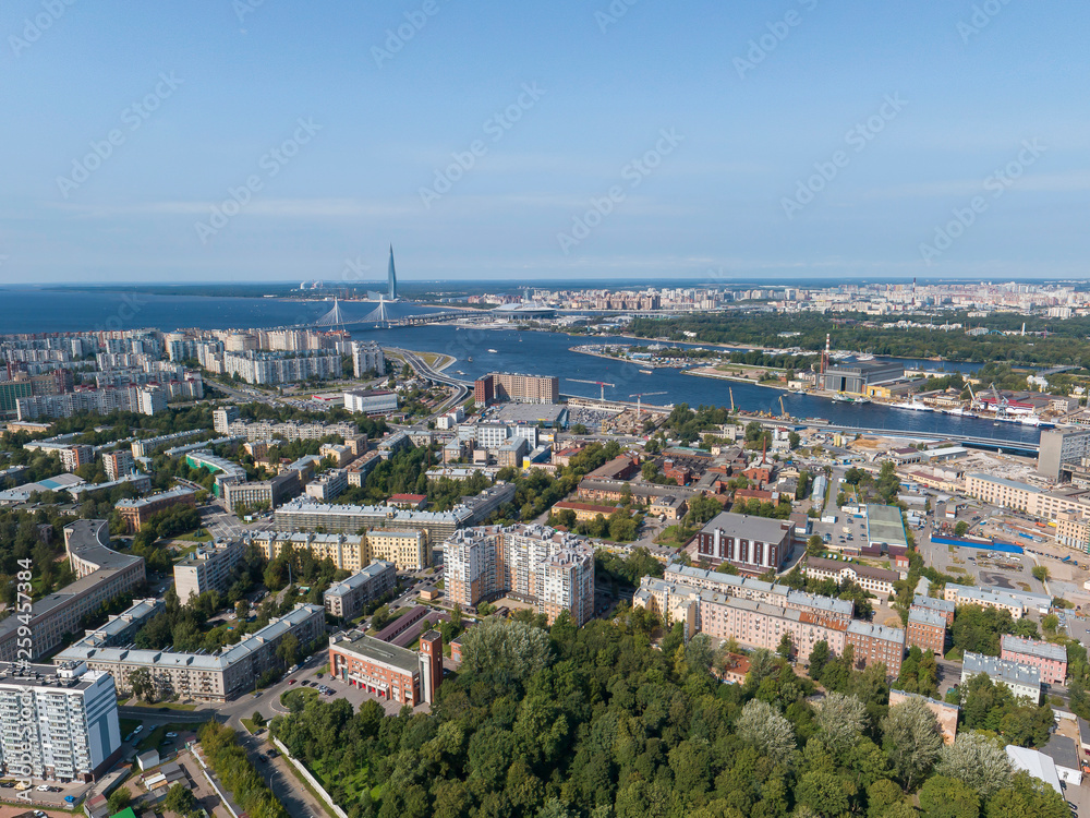 Panoramic view of Saint Petersburg, drone photo, summer day. Vasilyevsky Island. Bridge over the Malaya Neva River