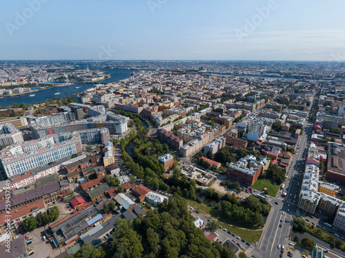 Panoramic view of Saint Petersburg  drone photo  summer day. Vasilyevsky Island