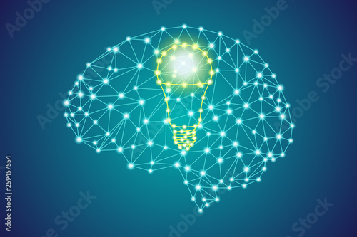 yellow led light bulb sign in polygonal low poly plexus blue human head brain, smart business innovation idea thinking concept, stock vector illustration clip art