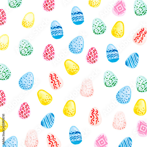 Watercolor illustration happy Easter. Easter multicolored eggs. Easter frame. Lettering Happy Easter