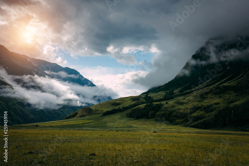 Beautiful sunrise in mountains with white fog below. Misty morning in mountain, Altai, Russia. A foggy landscape with cloudy sky and green mountain in the background.