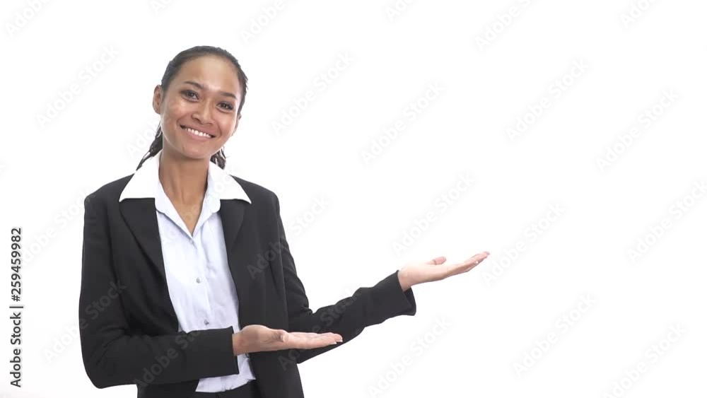 portrait of young asian business woman smiling while presenting copy space isolated on white background portrait of young asian business woman smiling while presenting copy space isolated on white background