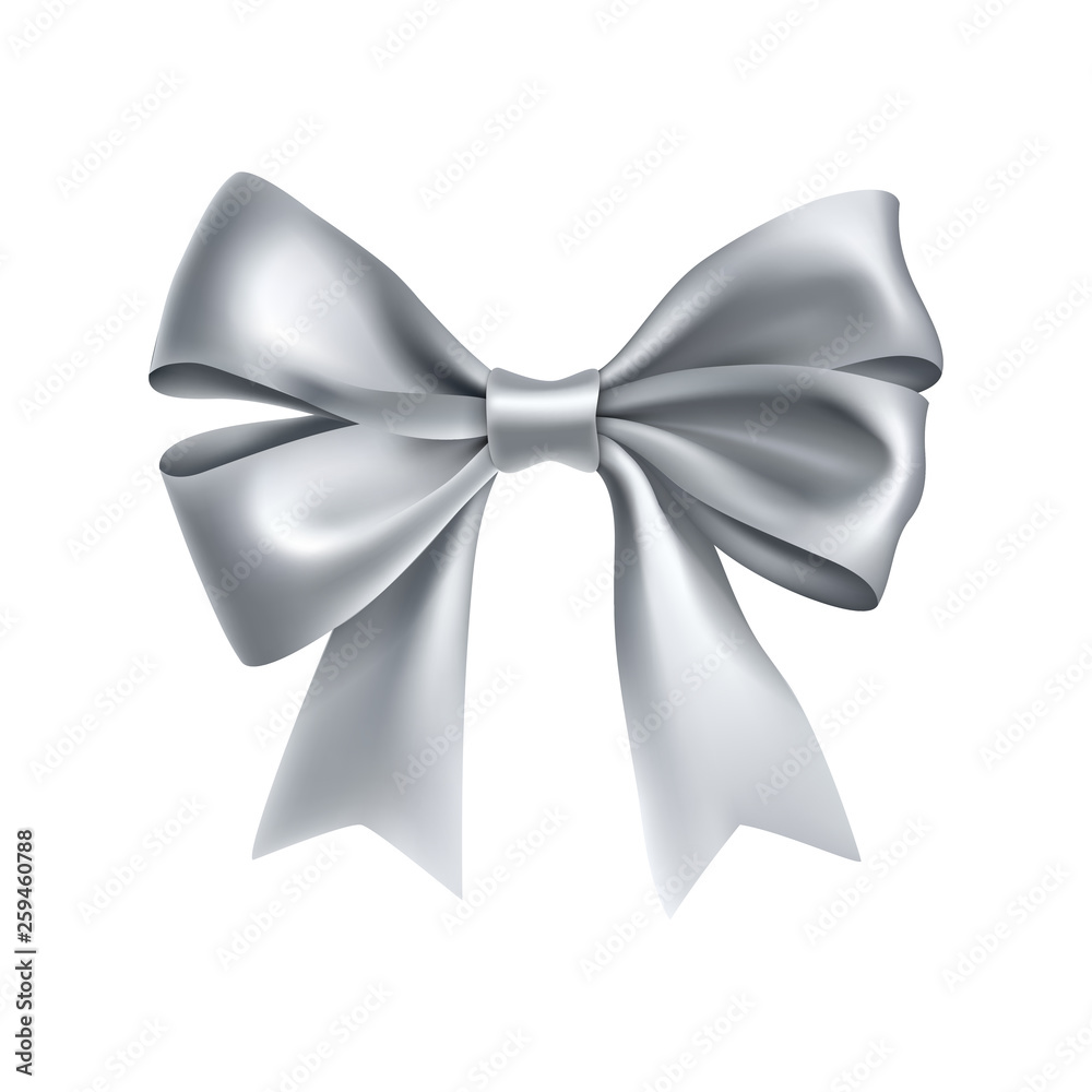 Romantic silver ribbon bow isolated on white background. Realistic decoration for holidays events. Glossy decor object from satin vector illustration. Wedding or valentines day decoration element.