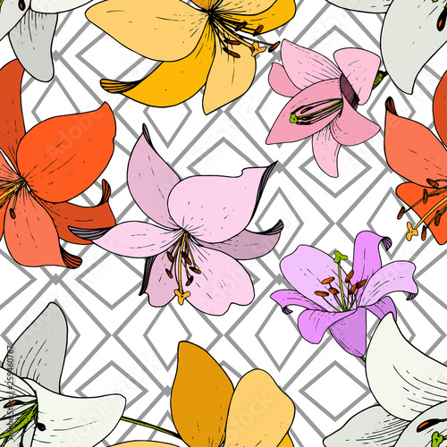 Vector Lily Floral botanical flower. Black and white engraved ink art. Seamless background pattern.