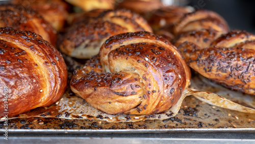 Fresh croissant with chocolate sprinkles for sale at Jerusalem local bakery store