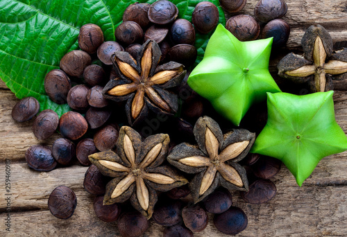 dried capsule seeds fruit of sacha-Inchi peanut on wooden table