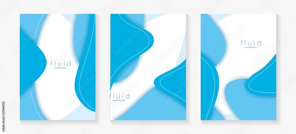 Blue Fluid 3D Papercut Cover Set. Dynamic Background for invitation, booklet or business card design. Modern Vector paper background