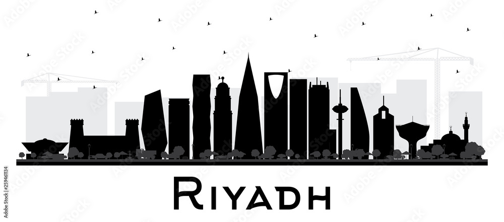 Riyadh Saudi Arabia City Skyline Silhouette with Black Buildings Isolated on White.