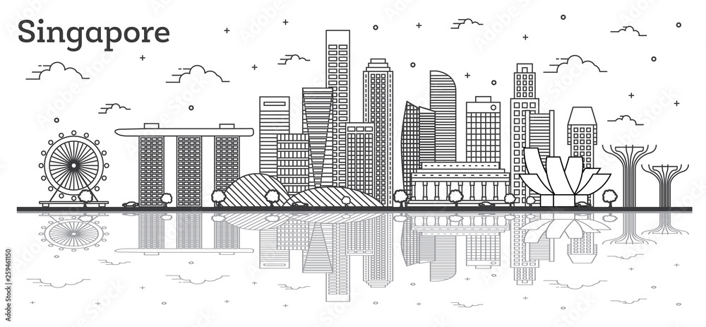 Outline Singapore City Skyline with Modern Buildings and Reflections Isolated on White.