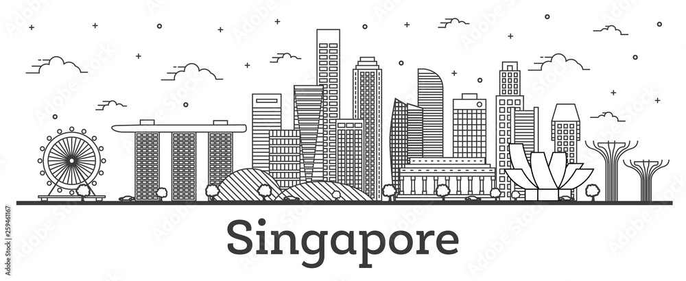Naklejka premium Outline Singapore City Skyline with Modern Buildings Isolated on White.