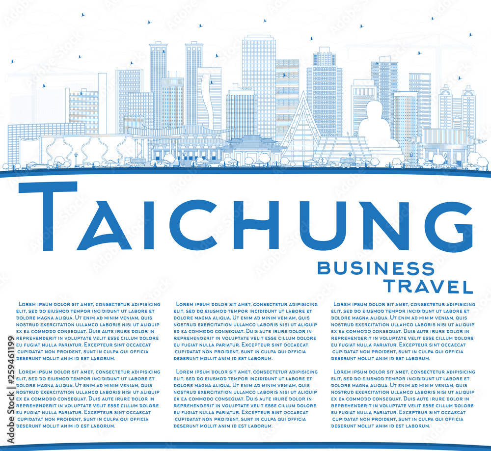 Outline Taichung Taiwan City Skyline with Blue Buildings and Copy Space.