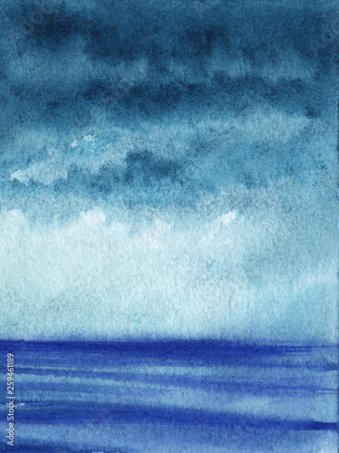 Heavy stormy sky over the blue sea. Over the horizon clearance. Hand-drawn watercolor illustration on texture paper.