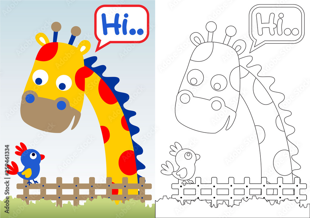 Obraz premium animals friendship beetwen giraffe and bird, vector cartoon, coloring book or page