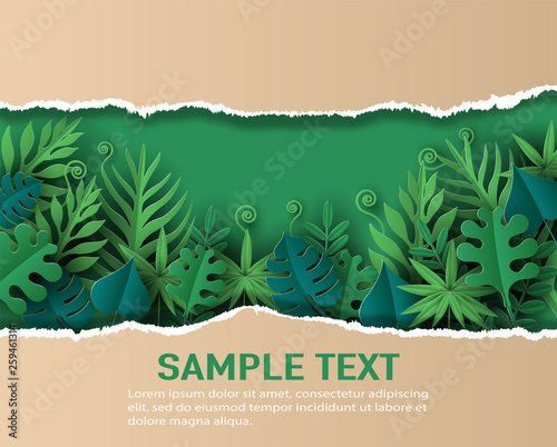 Paper art and craft style of tropical leaves with ripped paper, save the planet and energy concept, flat-style vector illustration.