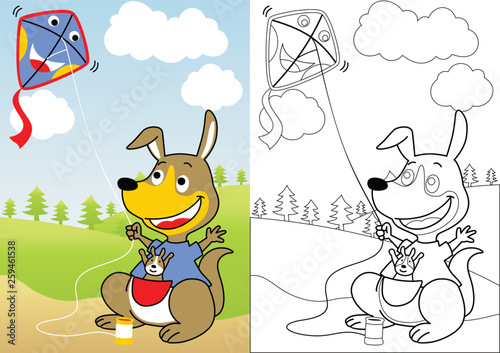 Kangaroo playing kite on landscape background, vector cartoon, coloring book or page