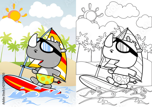 Funny rhinoceros the windsurfing player, vector cartoon, coloring book or page