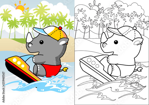 Rhino in a speedboat, vector cartoon, coloring book or page