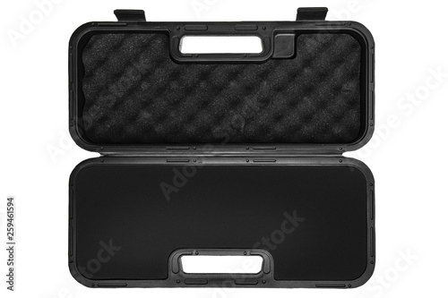 open black plastic case for arms or tools isolated on white back