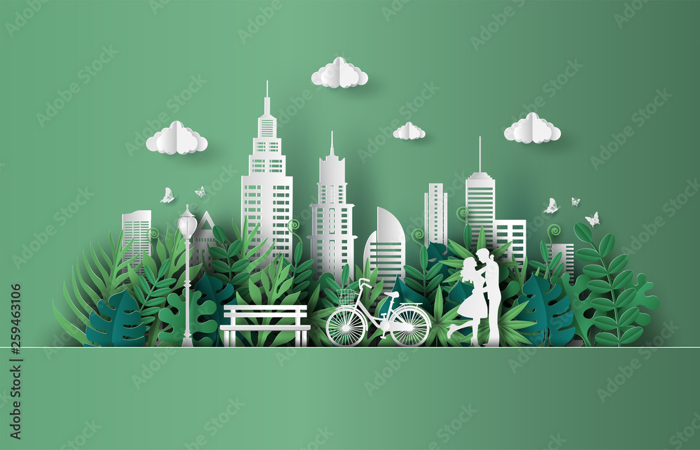 Paper art and craft style of cute couple in love hugging, eco green city, save the planet and energy concept, flat-style vector illustration. - obrazy, fototapety, plakaty 