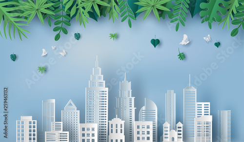 Paper art and craft style of beautiful leaves and green city, save the planet and energy concept, flat-style vector illustration.