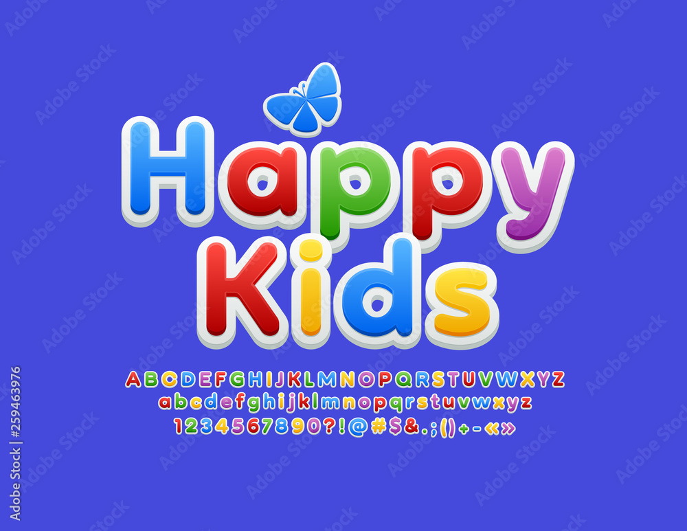 Vector bright banner Happy Kids with Butterfly. Font for Children. Colorful Alphabet Letters, Numbers and Symbols 
