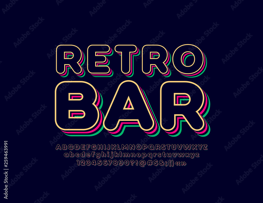 Stylish trendy logotype Retro Bar. 3D colorful Font. Vintage style bright Alphabet Letters, Numbers and Symbols