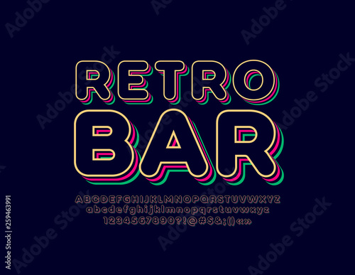 Stylish trendy logotype Retro Bar. 3D colorful Font. Vintage style bright Alphabet Letters  Numbers and Symbols