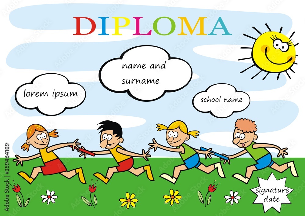 Diploma, running kids, funny creative illustration, eps. Two teams of competitors of little kids.Commemorative sheet for camp activities.