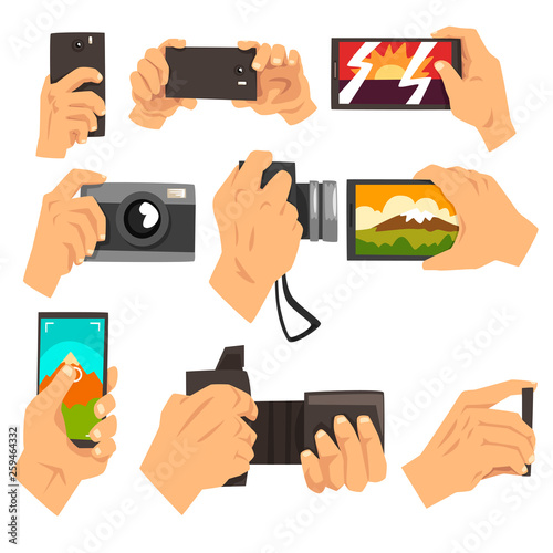 Hand taking pictures with smartphone and camera set vector Illustrations on a white background