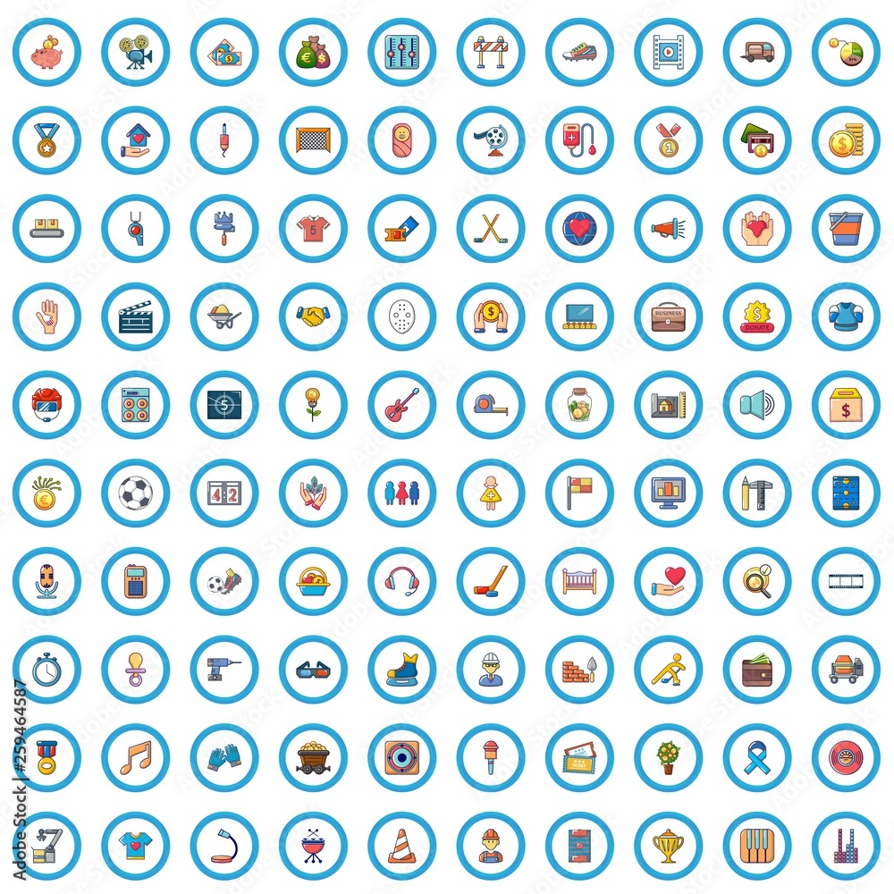 100 philanthropy icons set. Cartoon illustration of 100 philanthropy vector icons isolated on white background