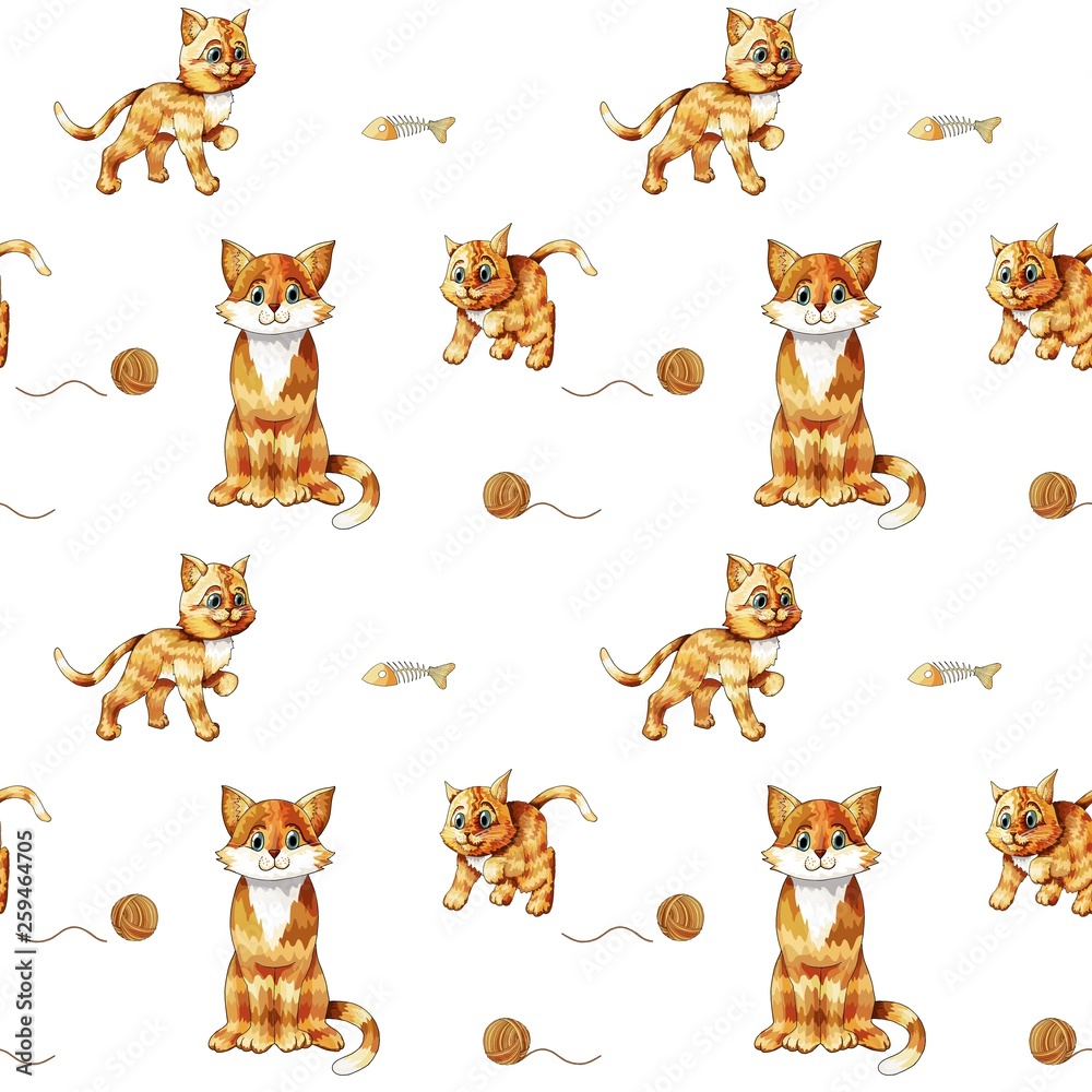 Kids seamless pattern with cute sitting colorful cats. Doodle orange kittens