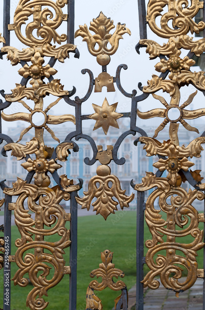 gilded grating fence, Fog in the city Park, Catherine's palace, St. Petersburg, Russia