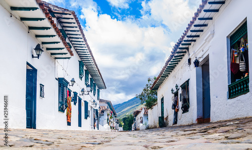view of a cobbled street in colonial town Villa de Leyva, Colombia photo