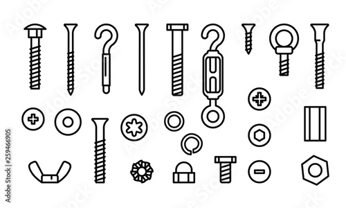 Simple set construction hardware illustration line icons. Screws, bolts, nuts and rivets. Equipment stainless, fasteners, metal fixation gear, illustration illustration. photo