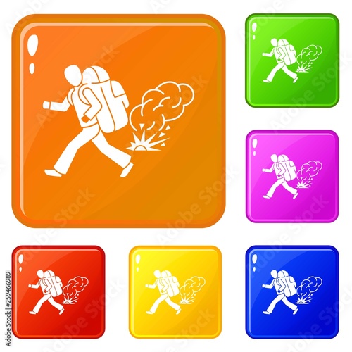 Running migrant man icons set collection vector 6 color isolated on white background