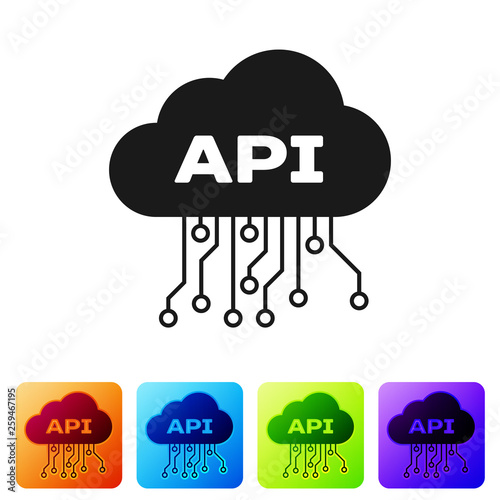 Black Cloud api interface icon isolated on white background. Application programming interface API technology. Software integration. Set icon in color square buttons. Vector Illustration