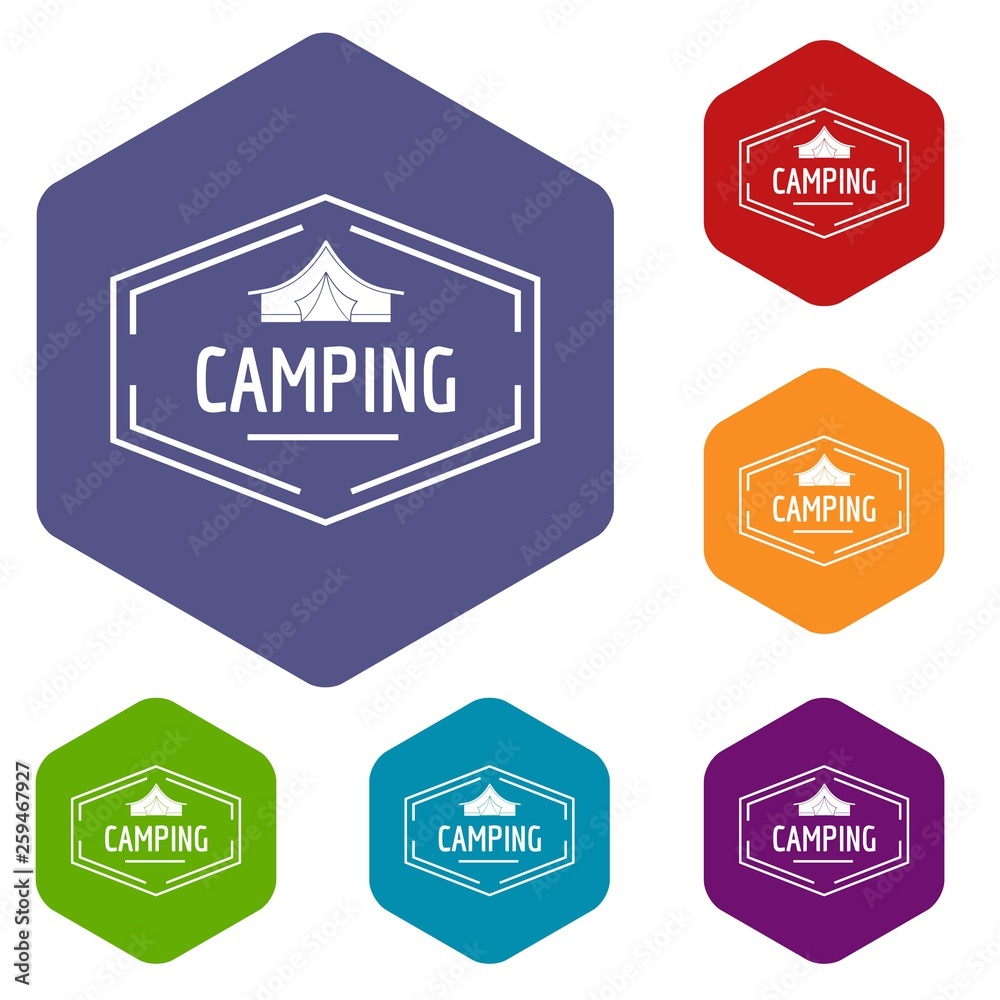 Camping shield icons vector colorful hexahedron set collection isolated on white 