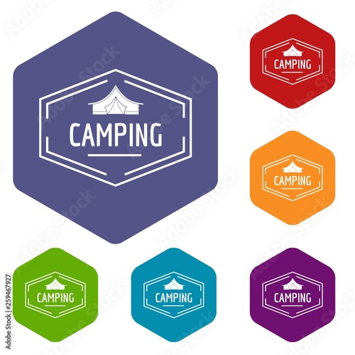 Camping shield icons vector colorful hexahedron set collection isolated on white 