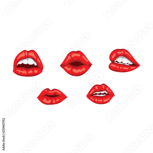 Red woman lips with smile. Sensual female mouth with white toothed smile illustration icon. Beautiful woman lips with red lipstick isolated on white background.