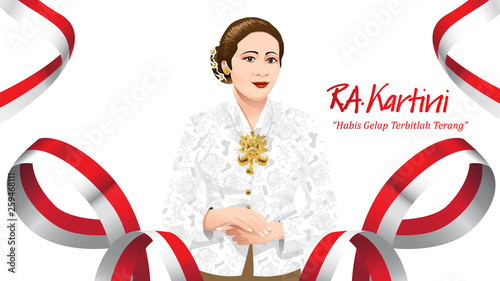 Kartini Day, R A Kartini the heroes of women and human right in Indonesia. banner template design background. - Translation of text : Out of dark comes light. - Vector
