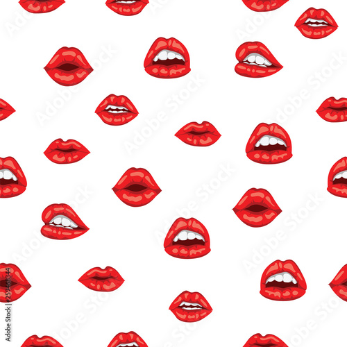 Pattern red woman lips with smile on white background. Sensual female mouth with white toothed smile seamless pattern. Beautiful woman lips with red lipstick.