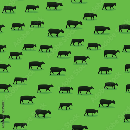 Cattle walking on green field pattern background. Sheep, goats, cows and grazing on pasture. Farming and livestock. Seamless pattern.