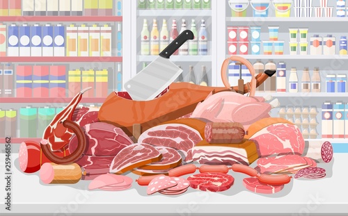 Meat products in supermarket shelf. Meat store butcher shop showcase counter. Sausage slices product. Delicatessen gastronomic product of beef pork chicken salami. Vector illustration flat style