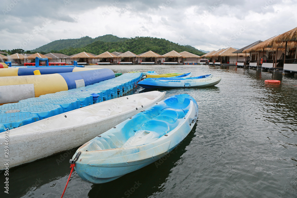 Boats on river at the raft in river kwai at kanchanaburi, Resort in thailand.
