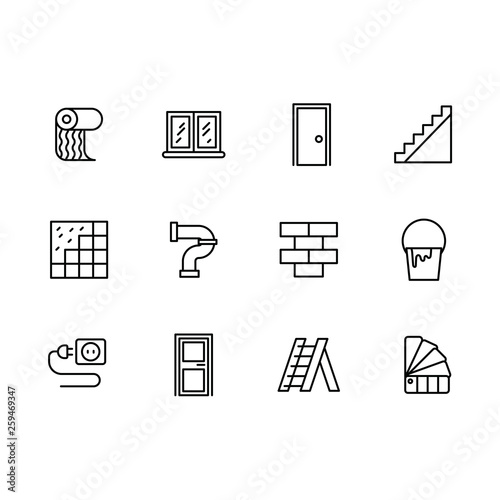 Simple Set Home Repair Decoration Materials And Interior Design Illustration Line Icon Contains Such Icons Wallpaper Window Door Stairs Bathroom Pipes Brick And Tile Electricity Color Palette Stock イラスト Adobe Stock