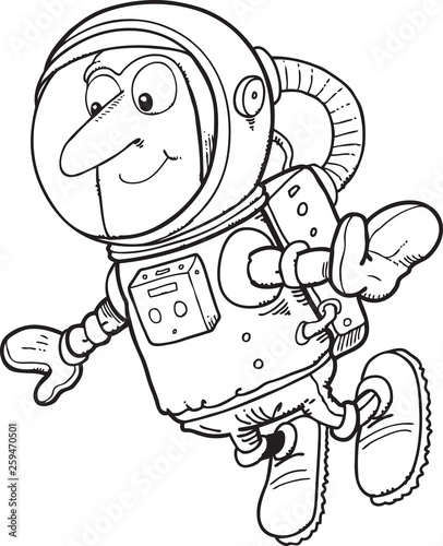 Vector black and white illustration of an astronaut  cosmonaut in a space suit and helmet